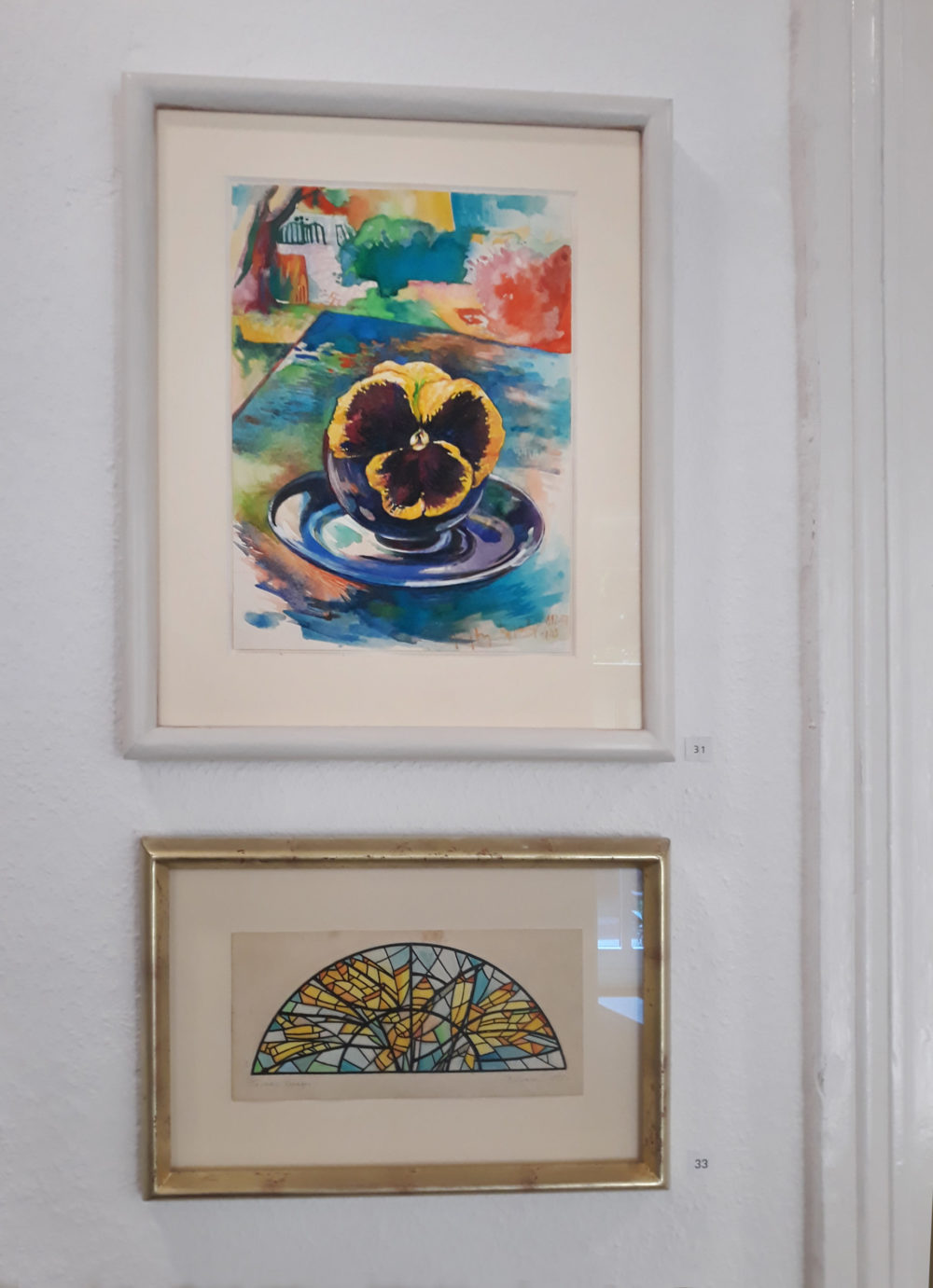 Pansies (top, 1992) in gouache and watercolor (1989) by Archi Galentz